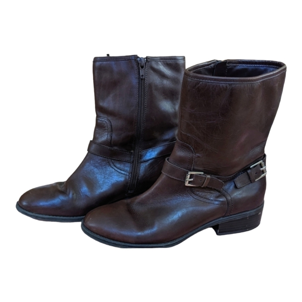 Lauren Ralph Lauren Mesi Brown Leather Double Buckle Ankle Boots, Size 8